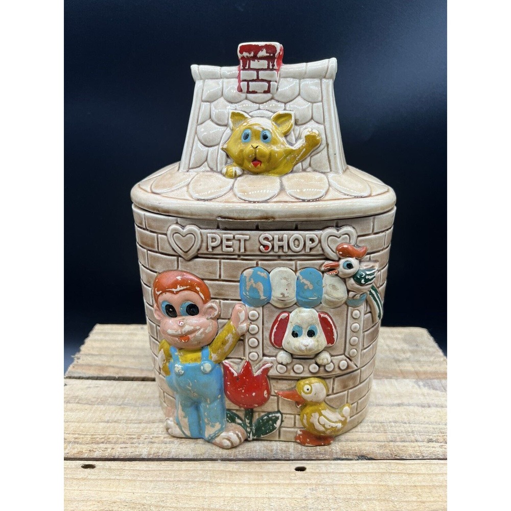Vintage 1950’s Pet Shop Ceramic Cold Painted Cookie Jar - Woolco Toronto Canada